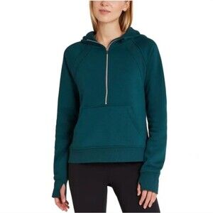 Danskin Women's M Half Zip Crop Hoodie Dark Sea Green Thumbholes Kangaroo Pocket
